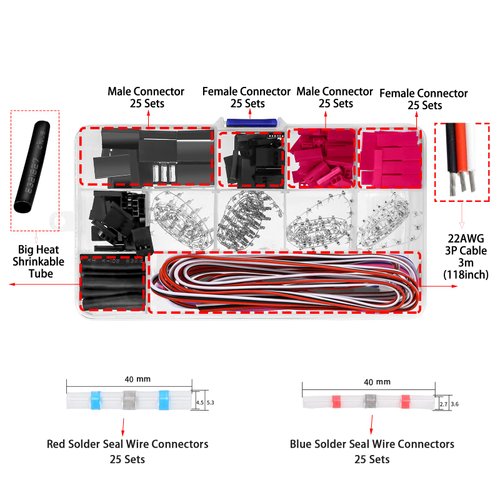 KWBRC 50 JST Sets Servo Plug Male Female Connector Crimp Pin Cable Kit with Solder Seal Wire Connectors Compatible JST SYP Futaba for Hitec Spektrum RC Car and Model Airplanes
