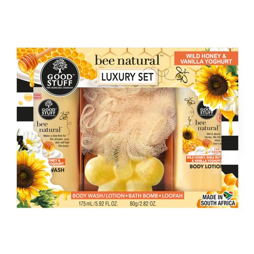 Good Stuff luxury Bath and Body gift set with body wash, lotion, Bath Bombs and a loofah