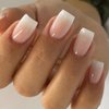 Ombre Press on Nails Short Square Fake Nails French Tip False Nails with Designs White Pink Gradient Glue on Nails Glossy Acrylic Stick on Nails Nude Artificial Nails for Women Manicure 24Pcs
