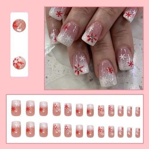 24Pcs Christmas Snowflake Press on Nails Short Square Fake Nails Glitter Snowflake Design French Tip with Rhinestones Holiday Nail Decor Winter Holiday False Nails Xmas Stick on Nails for Women
