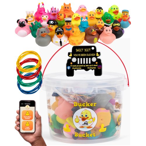 Rubber Ducks Jeep Ducking - 76 Piece kit Including Ducker Bucket, Jeep Ducking Cards & Rubber Bands Plus Official Duck Duck Jeep Mobile App