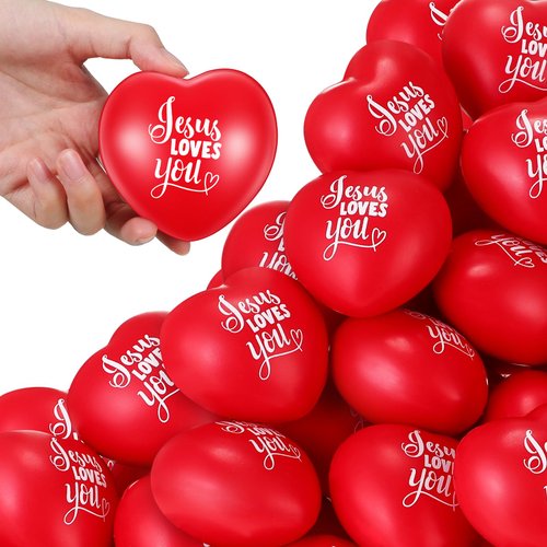 36 Pcs 2.76'' Jesus Loves You Heart Stress Balls Red Heart Shaped Squeeze Ball Stress Relief Balls Easter Relieve for Adults Party Favors Reward(Jesus, Red)