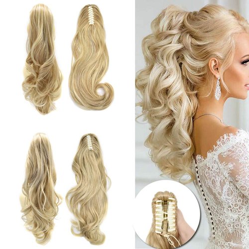 LYRICAL HAIR Synthetic Claw Ponytail Hairpieces For White Women 22" Long Curly Messy Wavy Jaw Clip In Pony Tail Hair Extension (24H613# Pale Golden Blonde&Light Bleach Blonde)