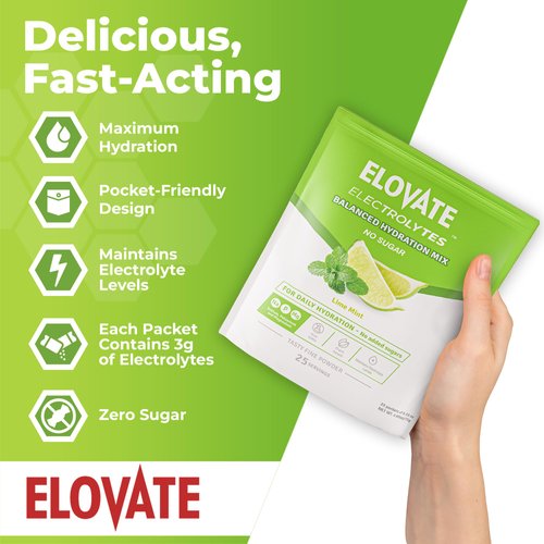 ELOVATE 15 Zero Sugar Electrolyte Drink Mix - Balanced Hydration Mix - Electrolytes Powder - Fine Powder Hydration Packets for Travel, Workout & More - 3g Per Stick (Lime Mint Flavor, Pack of 25)