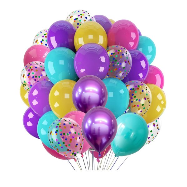 300 Pcs Mermaid Balloons Set, 12 Inches Purple Metallic Purple Teal Hot Pink Yellow Latex Balloons and Confetti Balloons for Birthday Mermaid thematic Party Decoration