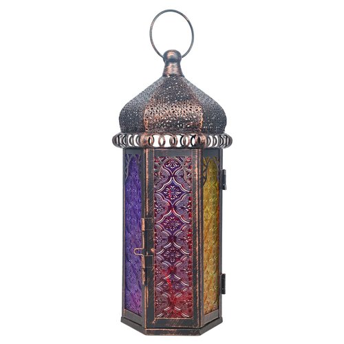 DECORKEY Vintage Lantern Decorative Indoor & Outdoor, 14.7''H Moroccan Hanging Lantern with 6 Colors Glass, Metal Tabletop Candle Lanterns for Front Porch Patio Decor, Christmas Farmhouse Decorations