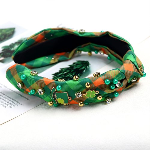 Vsdski St Patricks Day Headband for Women Lucky Shamrock Headband Top Hat Pearl Rhinestone Jeweled Knotted Headband Hair Accessories St.Patrick's Day Hair Accessories Outfits Irish Holiday Gifts
