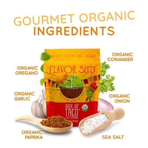 Flavor Seed Rock Yo Taco Gluten Free Organic Taco Seasoning Mix. Mexican Seasoning. Popcorn Seasoning. Seasonings And Spices For Cooking. Plant Based, Preservative Free, Non Gmo, Keto, Paleo, Kosher, Dairy Free, Vegan. 5 oz.