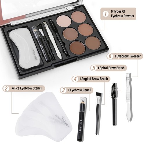 Boobeen Eyebrow Powder, 6-color Eyebrow Makeup Kit with 4 Eyebrow Stencils, 2 Eyebrow Brushes, 1 Eyebrow Pencil and 1 Tweezer, Waterproof Long Lasting Eyebrow Pomade to Define & Shape & Fill Brows