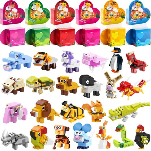 JOYIN 24 Packs Valentines Animal Building Blocks with Hearts Party Favors Boxes for Kids Valentine Classroom Prize Supplies, Classroom Gift Exchange School Rewards