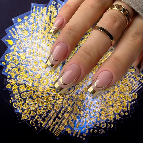Nudurom 90 Sheets Gold Nail Art Stickers Decals,3D Self-Adhesive Variety Nail Design Stickers Waterdrop Flower Line Star Nail Decals Nail Decoration Holographic Gold Nail Supplies for Women Girls…