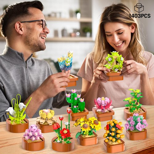 12 Flowers Succulents 3.6MM Mini Building Set - 1403PCS Botanical Collection for Office Home Décor Flower Plant Building Blocks Toy, Creative Building Project for Adults, Gifts for Women Kids 10+