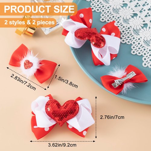 HINZIC 4PCS Heart Hair Bow Clips Red White Glitter Sequins Furry Bows Hair Pins Halloween Christmas Weddding Prom Engagement Valentines Accessories for Women Thin Hair