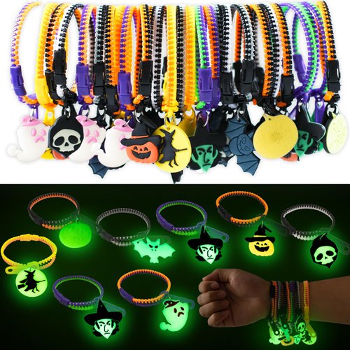 Kids Halloween Party Favors Zipper Bracelets, 28 Pack Glow in the Dark Halloween Zipper Wristband...