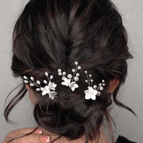 ALUINN Flower Wedding Headpieces for Brides Hair Pins Crystal Pearl Hair pins Piece Bridal Hair Rhinestone Bridal Accessories for Women and Ridesmaid (Pearl)