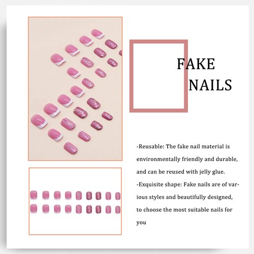 Square Short Fake Nails Acrylic Press on Nails Glitter Sequins False Nails with Designs Rose Pink Full Cover French Tip Glue on Nails Short Length for Women 24 Pcs