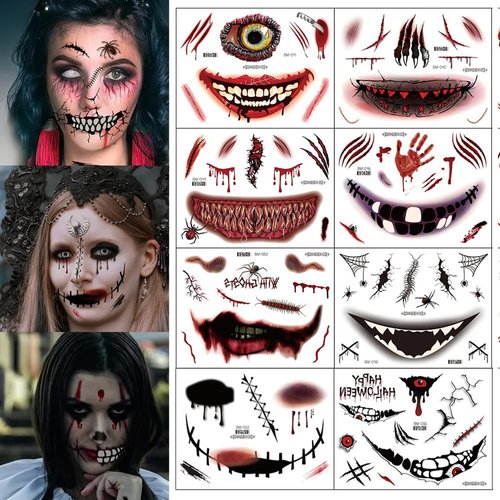 9 Sheets Halloween Scar Face Temporary Tattoos Halloween Makeup Tattoo Sticker for Halloween Masquerade Party Supplies Horror Scar Eye Mouth Clown Waterproof Fake Tattoos for Women Men DIY Decoration