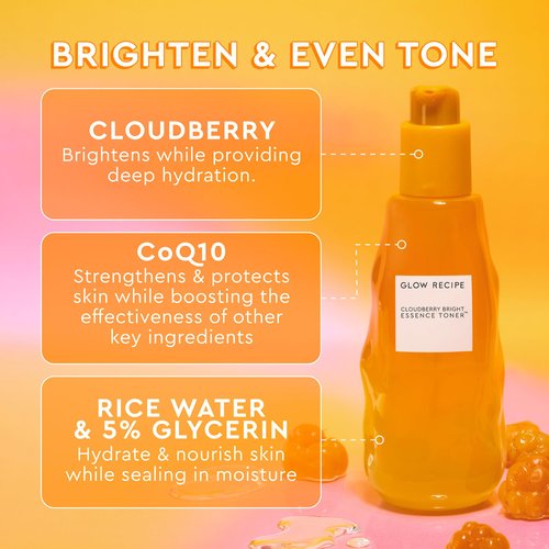 Glow Recipe Cloudberry Brightening Toner + Essence Skincare - CoQ10 Face Toner to Strengthen Skin Barrier + Hydrating Rice Water, Vitamin C, E & 5% Glycerin to Soften & Even Skin Tone - Travel (30 ml)