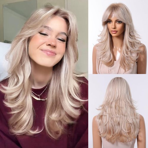 testar Shoulder Length Blonde Curly Wigs for White Women Platinum Wigs With Curtain Bangs Synthetic Heat Resistant Wavy Wigs for Women Daily Party Use