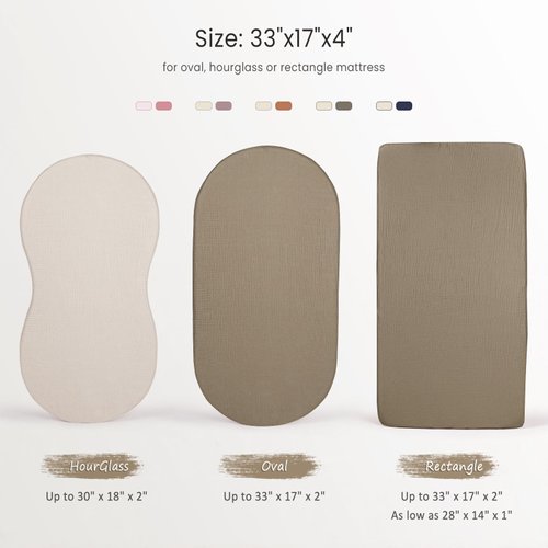lulumoon Muslin Bassinet Sheets Fitted - Universal Cotton Baby Sheets for Rectangle, Hourglass or Oval Bassinet Mattress (Olive & Cream)