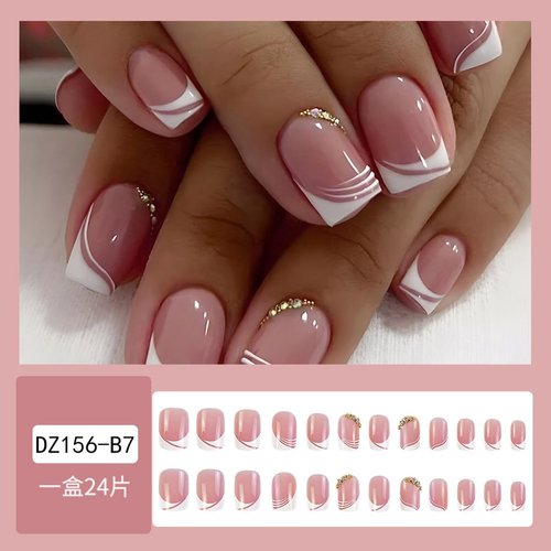 White French Tip Press on Nails Short Square Fake Nails Pink Acrylic Nails Press on With Rhinestones White Nail Tips Apricot Design Glue on Nails Reusable False Nails for Women 24pcs