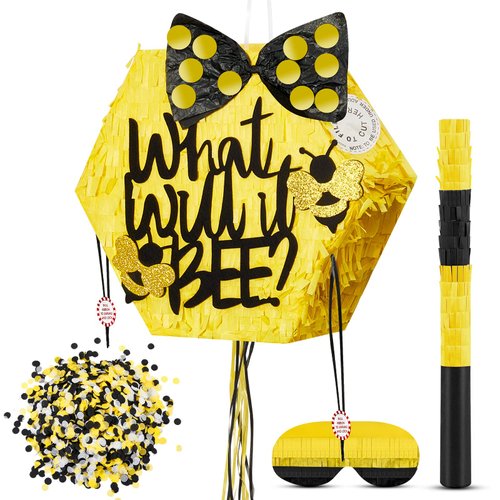 4 Pcs Bee Themed Pinata for Gender Reveal Party Supplies What Will It Bee Pinata Pull String for Baby Shower with Blindfold Confetti and Stick for Kids Birthday Party Decorations (13 Inches)