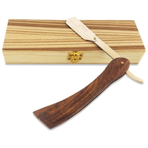Common Wealth Pure Wood Handle Gold Straight Edge Classic Folding Barber Shaving Razor Vintage Style With Wooden Case Display Box (Gold)