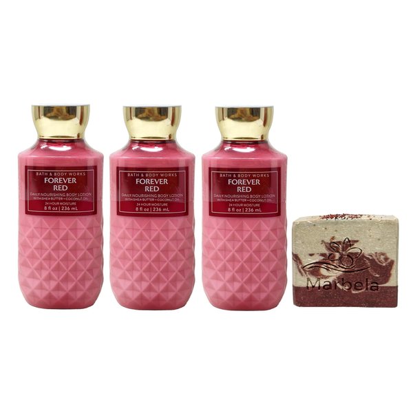 Bath & Body Works Forever Red 3 Pack Body Lotion Bundle with a Cherry On Top Bar Soap - Full Size