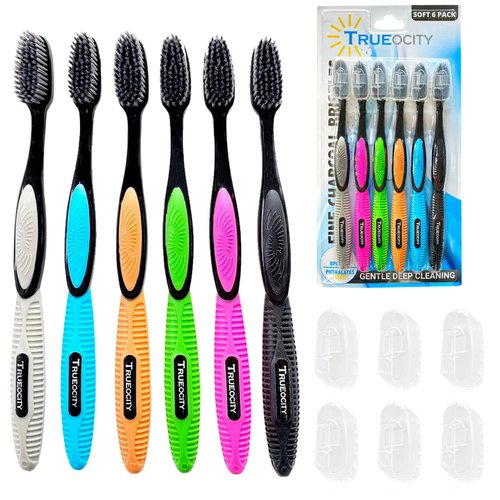 Charcoal Toothbrush 6 Pack, Natural Teeth Whitening Solution - Ultra Soft Tooth Brush - Gentle, Slim Brush Head - Black Toothbrushes for Adults Working Great with Activated Charcoal Toothpaste