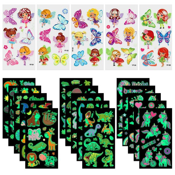 Temporary Tattoos for Kids -Waterproof Mixed Style Cartoon Fake Tattoo, Glow in The Dark Tattoo Sticker Decor for Boys Girls, Party Supplies Favor (Tattoo kits-Style1) (Tattoo Mixed Style2)
