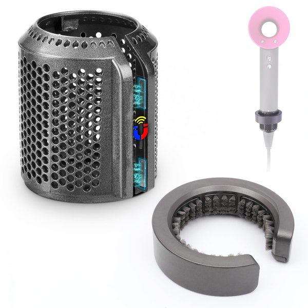 Magnetic Hair Dryer Filter Replacement for Dyson Supersonic HD01 HD03 HD08 HD15 Hair Dryer Attachment, Hair Dryer Outer Filter Spare Parts with Brush (Metallic Gray)