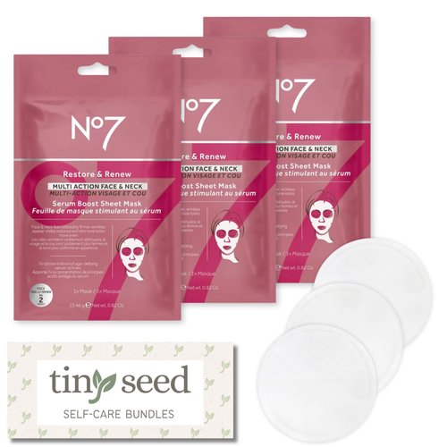 TINY SEED 3-Pack of No7 Restore and Renew Face and Neck Serum Face Sheet Masks. Anti-Aging, Brightening, Hydrating Sheet Mask Set by No 7. Plus Bonus Set of Bamboo/Cotton Makeup Remover Pads