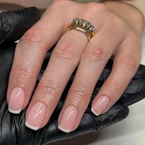Bellelfin 120Pcs White French Tip Press on Nails Short Square Fake Nails, Full Cover Glossy Pink False Nails Acrylic Glue on Nails Cute Artificial Fingernails for Women Girls
