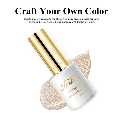 Imtiti Glitter Gel Nail Polish, 1 Pcs 0.5 Fl Oz Champagne Gold Glitter Gel Polish Soak Off LED U V Nail Gel Polish Nail Polish DIY Nail Art Starter Manicure Salon Gel Nail Polish Kit for Women Girls
