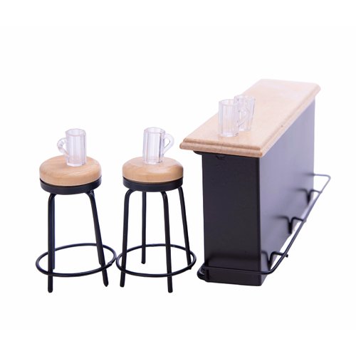 SUCCUNA Dollhouse Furniture Mini Wooden Pub Table Set Miniature Bar Counter Chairs with Tiny Wine Bottle Magazine for Home Desktop Craft Decor Props