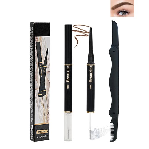 2-in-1 Eyebrow Gel & Brow Pencil, Micro Retractable Eyebrow Pencil Brown Waterproof Brow Gel,Ultra Fine Long Lasting for Perfect Eye Liner Brows Women Makeup Eyebrows Shaper Filler with Brow Razor-03