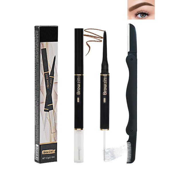 2-in-1 Eyebrow Gel & Brow Pencil, Micro Retractable Eyebrow Pencil Brown Waterproof Brow Gel,Ultra Fine Long Lasting for Perfect Eye Liner Brows Women Makeup Eyebrows Shaper Filler with Brow Razor-03