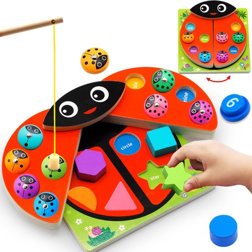 Wanonoo Wooden Ladybug Montessori Toys for 1 2 3 4 Year Old Boy Girl Christmas One 1st Birthday Gift Magnetic Fishing Game for Toddler 1-3 2-4 Educational Learning Number Counting Shape Sorter Sorting