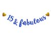 15 & Fabulous Banner,Pre-Strung,Blue Glitter Paper Banner Sign Garlands,15th Birthday/Anniversary Party Decorations Supplies,Letters Blue,SUNbetterland