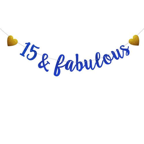 15 & Fabulous Banner,Pre-Strung,Blue Glitter Paper Banner Sign Garlands,15th Birthday/Anniversary Party Decorations Supplies,Letters Blue,SUNbetterland