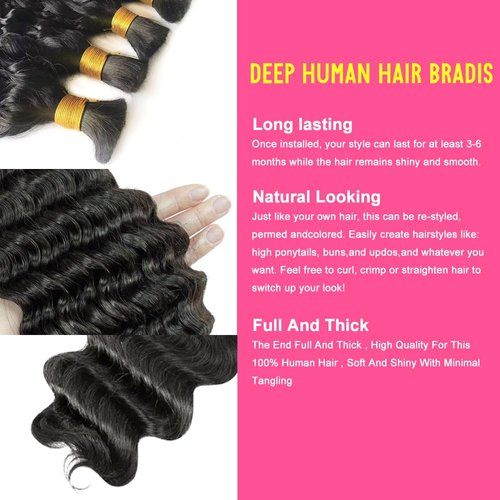 Deep Wave Bulk Human Hair For Braiding 100% Unprocessed Brazilian Virgin Human Hair Extensions No Weft 100g Micro Braiding Human Hair Extensions 100% Human Hair… (Natural Color, 22 Inch)