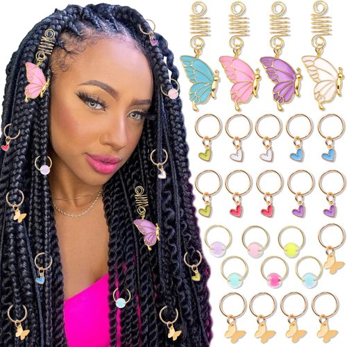 SAWINDA 25PCS Butterfly Hair Clips for Braids Heart Gold Loc Jewelry Colorful Beads Hair Dreadlocks Clips Spring Half Butterfly Hair Pendant Rings Dreadlock Accessories Decoration for Women
