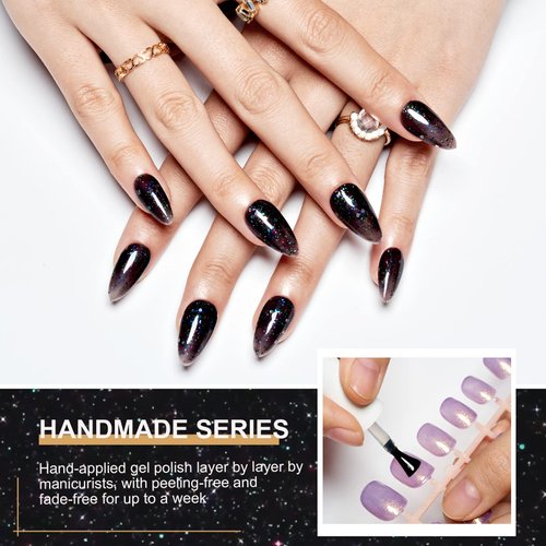 GLAMERMAID Black Press on Nails Medium Almond- Handmade Jelly Gel White Foil Flakes Short Pointed Fake Nails, Glossy Gel Metal Stiletto Stick Glue on Nails, Reusable Acrylic False Nail Kits for Women