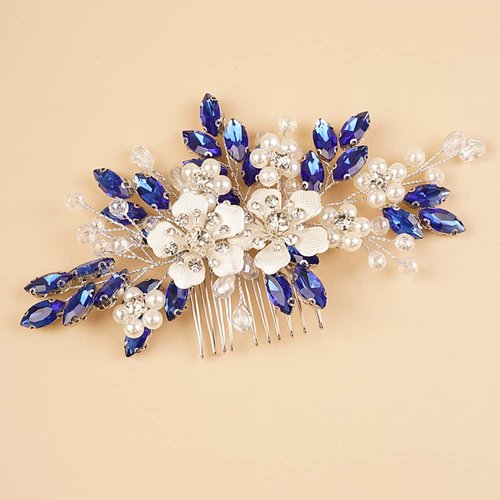 Teyglen Crystal Bride Wedding Hair Comb Vintage Blue Flower Rhinestones Side Comb Shiny Hair Pieces Headpieces with Pearl Bridal Hair Accessories for Women Bride Girl(Blue)