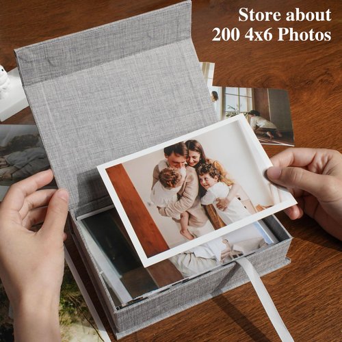 Hiwhy Photo Storage Box 4x6, Linen Photo Box, Memory Box Perfect to Store Your Photo, Pictures, Certificates, Scrapbooking Supplies, Keepsakes and Jewelry Grey