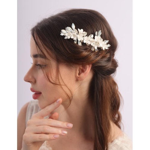 Rumtock Opal Crystal Beads Silver Leaf White Flower Hair Comb Side Headpiece for Wedding Brides Women Banquet Jewelry