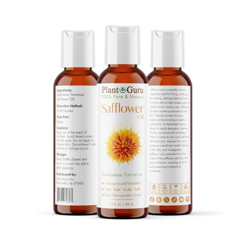 Safflower Oil 2 oz Cold Pressed 100% Pure Natural Carrier - Skin, Body And Face. Great For Moisturizing Creams, Lotions, Scalp Treatments, and Lip Balms