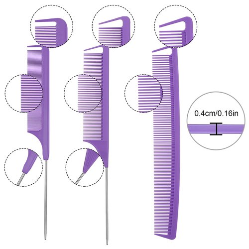 Patelai 12 Pieces Parting Comb for Braids Rat Tail Comb Steel Pintail Comb Fine Teeth Comb Heat Resistant Teasing Combs with Stainless Steel Pintail (Purple)