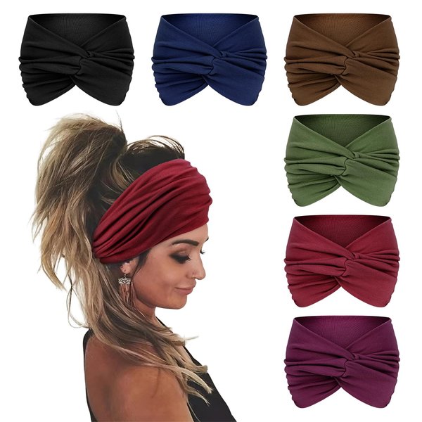 Wecoe Headbands for Women, 6pcs Fashion Knotted Headbands Wide Elastic Thick Turban Headbands for Wigs African Hair Head Wrap Sweat Headbands Workout Hair Bands Gym Hair Accessories For Women(Set D)