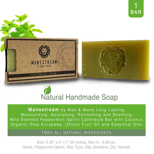 MAN & MANE Manestream Long Lasting, Mild Scented Peppermint Tea Tree 2-in-1 Skin and Shampoo Bar CocoaButter, AloeVera, Jojoba, Bran and Essential Oils, Natural Handmade